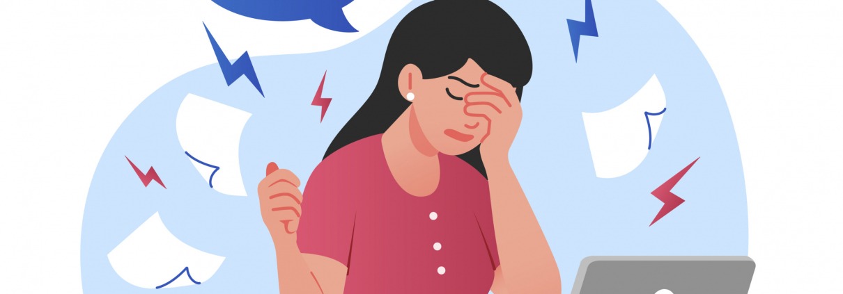 Stress at work. Sad young girl scatters papers around office. Panic and burnout, problems at workplace, employee tired, overworked manager trying to meet deadline. Cartoon flat vector illustration