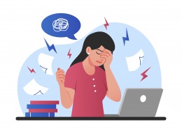 Stress at work. Sad young girl scatters papers around office. Panic and burnout, problems at workplace, employee tired, overworked manager trying to meet deadline. Cartoon flat vector illustration