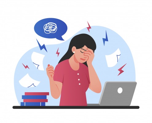 Stress at work. Sad young girl scatters papers around office. Panic and burnout, problems at workplace, employee tired, overworked manager trying to meet deadline. Cartoon flat vector illustration