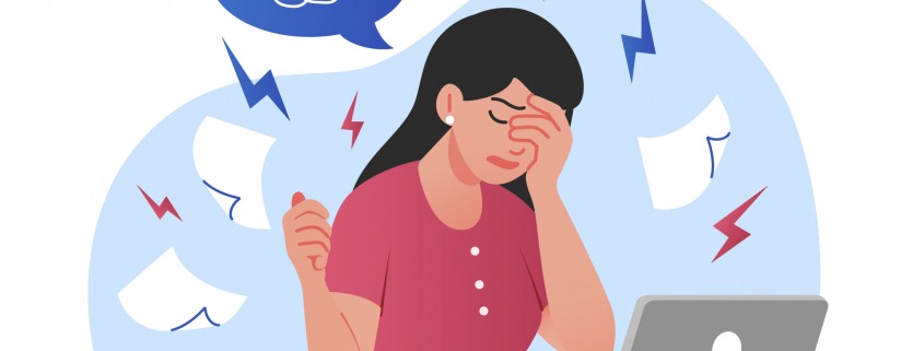 Stress at work. Sad young girl scatters papers around office. Panic and burnout, problems at workplace, employee tired, overworked manager trying to meet deadline. Cartoon flat vector illustration